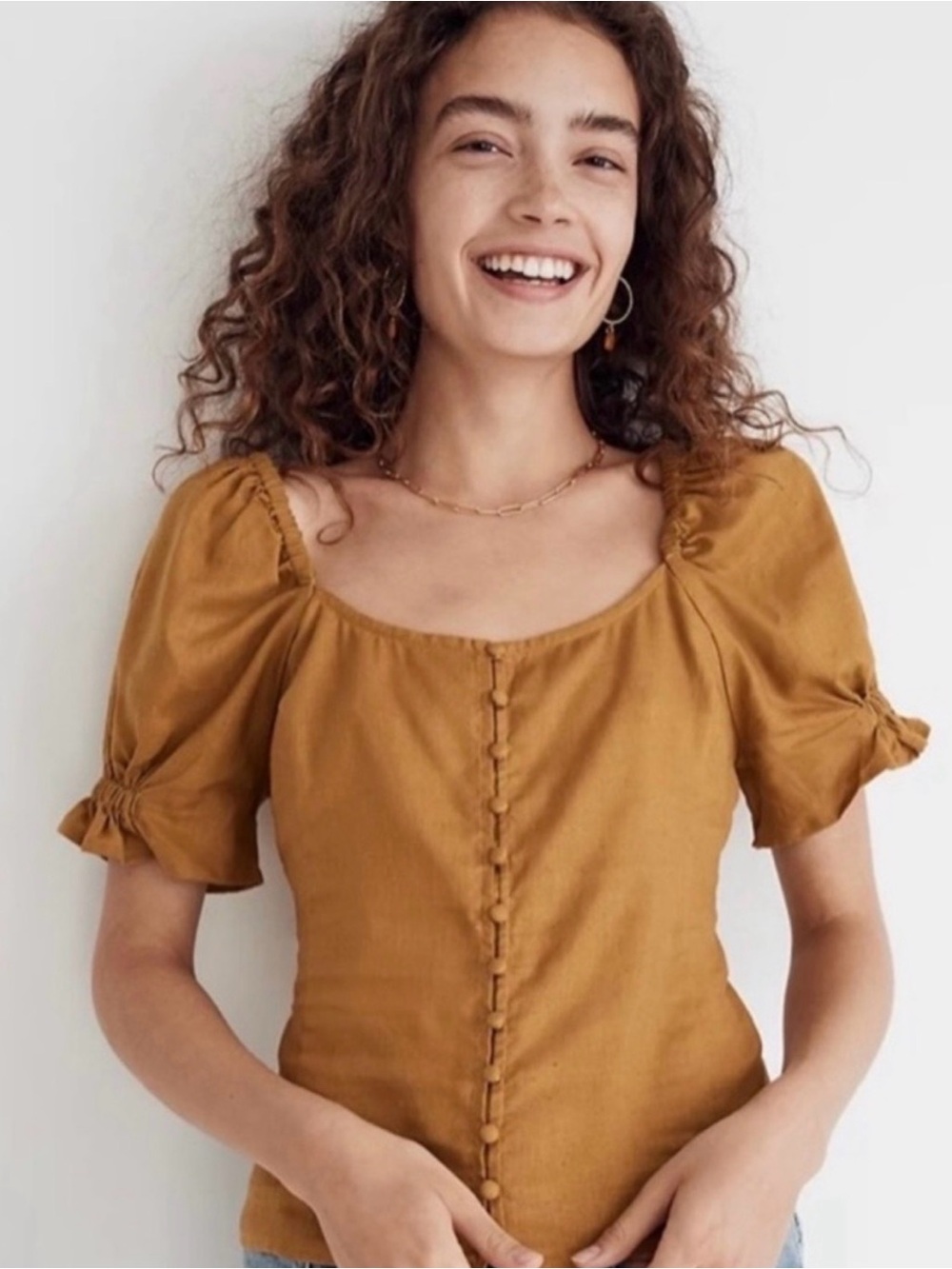 Madewell Mustard Square-Neck Puff Sleeve Button-Front Blouse